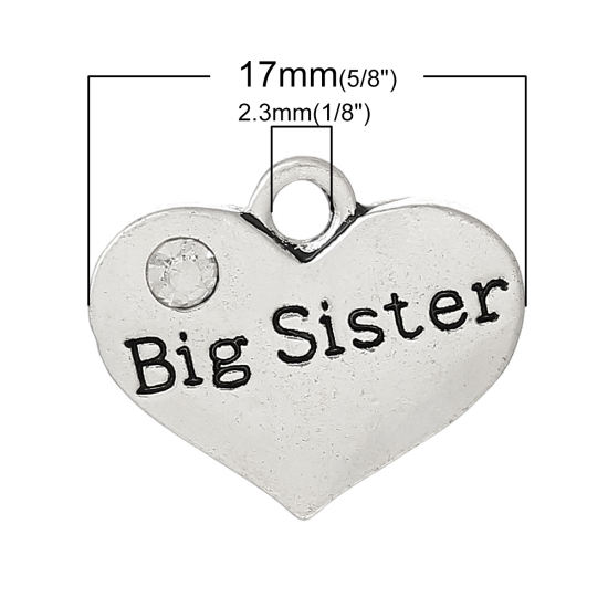 Picture of Charm Pendants Heart Antique Silver "Big Sister" Carved Clear Rhinestone 17mm x 14mm,20PCs