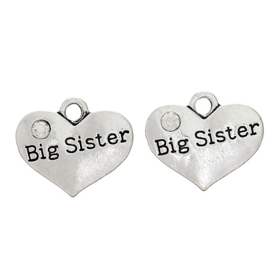 Picture of Charm Pendants Heart Antique Silver "Big Sister" Carved Clear Rhinestone 17mm x 14mm,20PCs