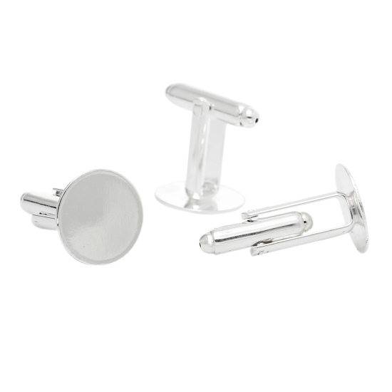 Picture of Brass Cuff Links Round Silver Plated 25mm(1") x 14mm( 4/8"), 10 PCs