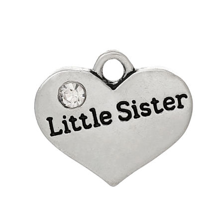 Imagen de 20 Unidades Zamak Familia Colgantes Plata Antigua Corazón Mensaje " Little Sister " Transparente Rhinestone) 17mm x 15mm