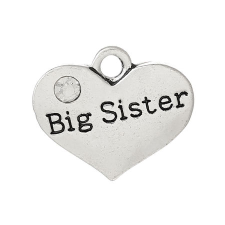 Imagen de 20 Unidades Zamak Familia Colgantes Plata Antigua Corazón Mensaje " Big Sister " Transparente Rhinestone) 17mm x 14mm