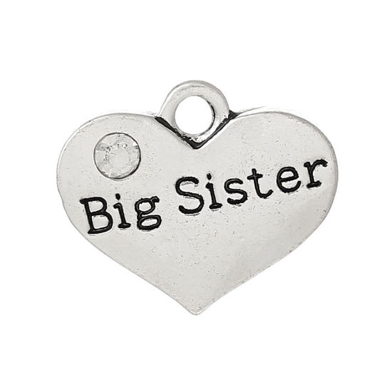 Image de 20 Pcs Pendentifs Bijoux de Famille en Alliage de Zinc Argent Vieilli Cœur Mots " Big Sister " à Strass Transparent 17mm x 14mm