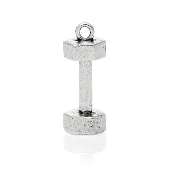 Bild von Zinklegierung Sport Fitness Anhänger Hantel Antiksilber 25mm x 10mm, 10 Stück