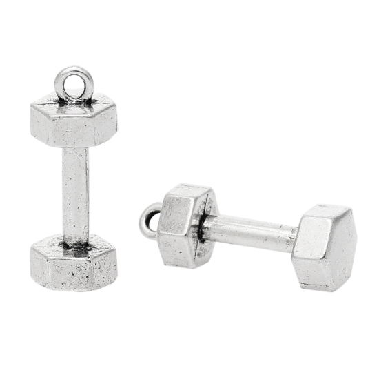 Bild von Zinklegierung Sport Fitness Anhänger Hantel Antiksilber 25mm x 10mm, 10 Stück