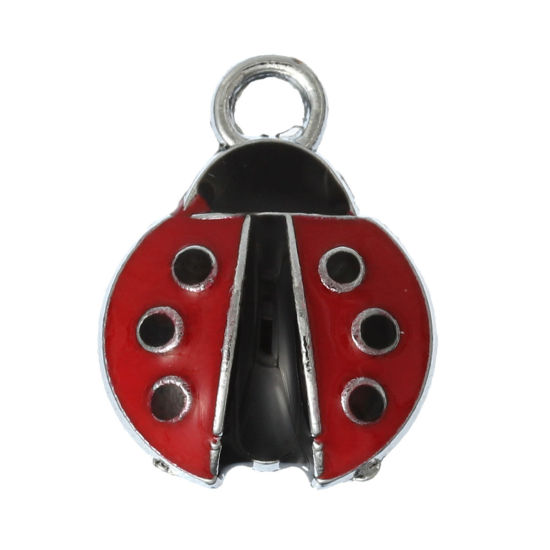 Picture of Charm Pendants Ladybug Silver Tone Enamel Red & Black 18mm x 14mm( 6/8" x 4/8"), 20 PCs 