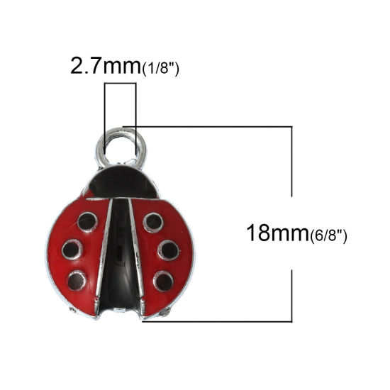 Picture of Charm Pendants Ladybug Silver Tone Enamel Red & Black 18mm x 14mm( 6/8" x 4/8"), 20 PCs 