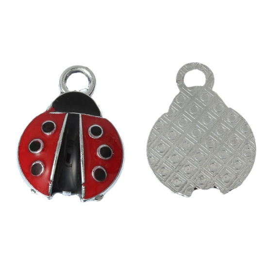 Picture of Charm Pendants Ladybug Silver Tone Enamel Red & Black 18mm x 14mm( 6/8" x 4/8"), 20 PCs 