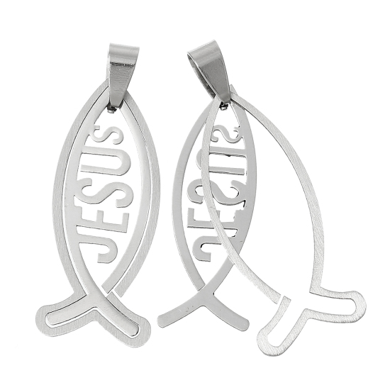 Picture of 304 Stainless Steel Pendants Jesus/ Christian Fish Ichthys Silver Tone Message "Jesus" Carved 40mm(1 5/8") x 14mm( 4/8"), 5 PCs