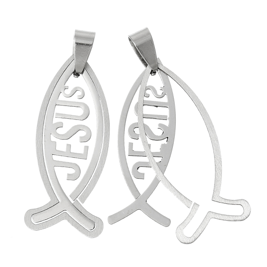 304ステンレス鋼 ペンダント 動物 イクトゥス シルバートーン 文字" Jesus "彫刻 40mm x 14mm、 5 個 の画像