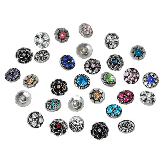 Picture of 12mm Zinc Based Alloy Snap Button Fit Snap Button Bracelets Round Antique Silver Color At Random Mixed Color Mixed Multicolor Rhinestone , Knob Size: 4.8mm, 6 PCs