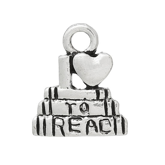 Picture of 250 PCs Zinc Based Alloy College Jewelry Charms Antique Silver Color Book Message " I Love To Read " 14mm x 12mm