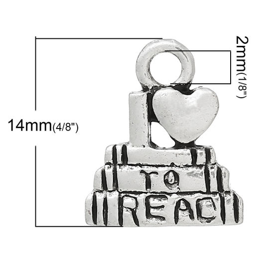 Picture of 250 PCs Zinc Based Alloy College Jewelry Charms Antique Silver Color Book Message " I Love To Read " 14mm x 12mm