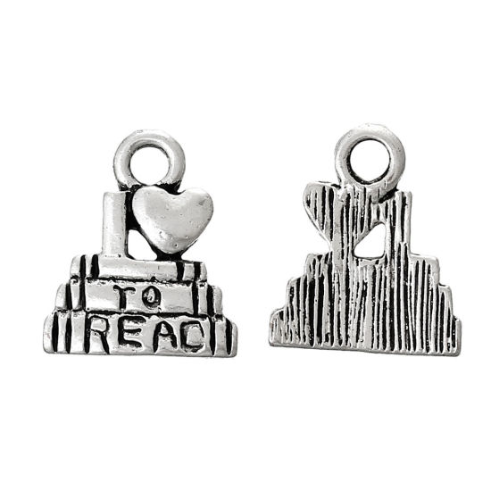 Picture of 250 PCs Zinc Based Alloy College Jewelry Charms Antique Silver Color Book Message " I Love To Read " 14mm x 12mm