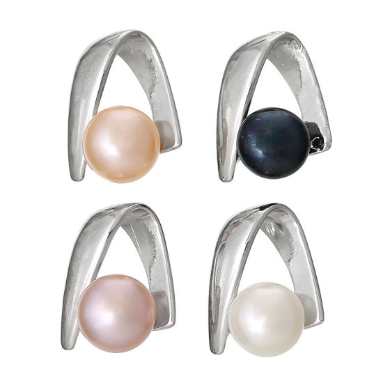 Picture of Natural Freshwater Cultured Pearl Beads Pendants Arch Silver Tone At Random 19mm x 14mm( 6/8" x 4/8"), 4 PCs
