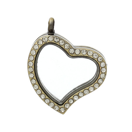 Charms  Colgantes Flotantes Locket Aleación de metal de zinc +Vidrio + Brillantitos de Corazón , Tono Bronce Rhinestone Magnética se puede abrir 34mm x 29mm, 1 Unidad
