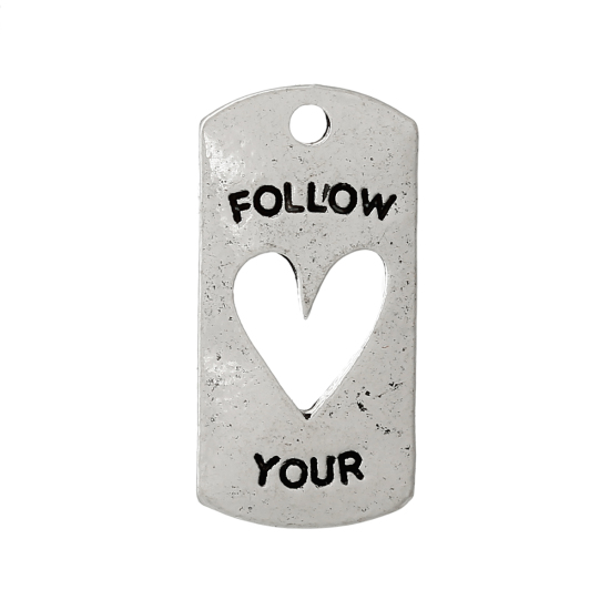 Immagine di Lega di Zinco Charm Ciondoli Rettangolo Argento Antico Lettere Disegno Messaggio " follow your heart " 20mm x 10mm , 7 Pz