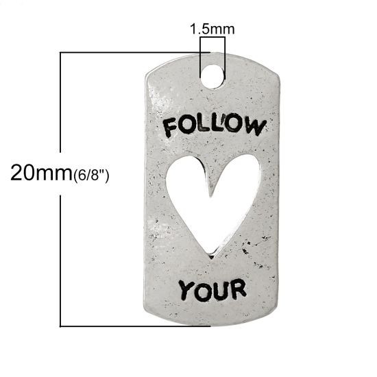Immagine di Lega di Zinco Charm Ciondoli Rettangolo Argento Antico Lettere Disegno Messaggio " follow your heart " 20mm x 10mm , 7 Pz