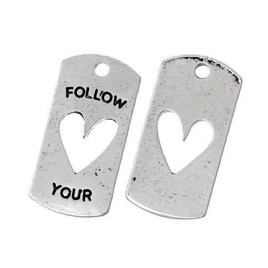 Immagine di Lega di Zinco Charm Ciondoli Rettangolo Argento Antico Lettere Disegno Messaggio " follow your heart " 20mm x 10mm , 7 Pz