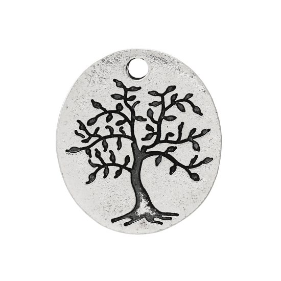 Immagine di Lega di Zinco Charm Ciondoli Ovale Argento Antico Albero Disegno Messaggio LIFE IS A GIFT Intagliato 20mm x 18mm, 30 Pz