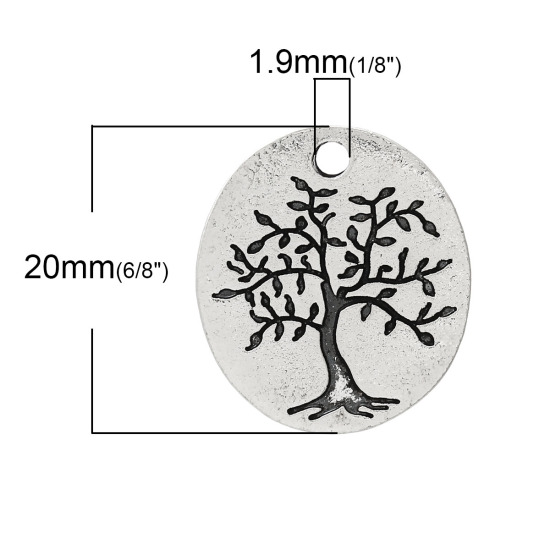 Immagine di Lega di Zinco Charm Ciondoli Ovale Argento Antico Albero Disegno Messaggio LIFE IS A GIFT Intagliato 20mm x 18mm, 30 Pz