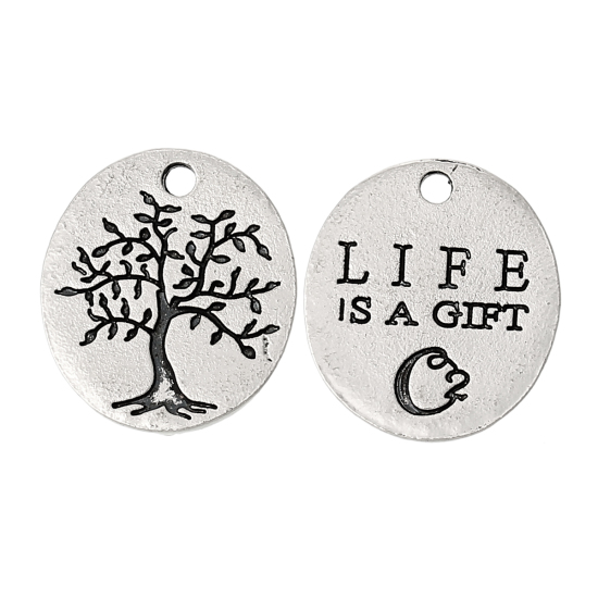 Immagine di Lega di Zinco Charm Ciondoli Ovale Argento Antico Albero Disegno Messaggio LIFE IS A GIFT Intagliato 20mm x 18mm, 30 Pz