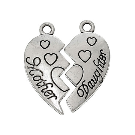 Colgantes Aleación Corazón Roto,Mensaje Plata Antigua  Mother & Daughter Carved 24mm x 11mm 24mm x 12mm, 30 Juegos