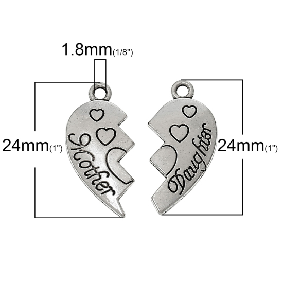 Immagine di Lega di Zinco Charm Ciondoli Cuore spezzato Argento Antico Lettere Disegno Messaggio " Mother & Daughter "Intagliato 24mm x 11mm 24mm x 12mm, 30 Seri