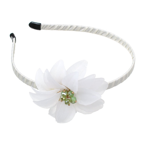 Picture of Acrylic Headband Hair Band Flower Off-white Green AB Color Rhinestone 41.5cm(16 3/8") long, 1 Piece