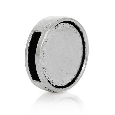 Zinc Based Alloy Slide Beads Flat Round Antique Silver Color Cabochon Settings (Fits 15mm Dia.) About 17mm Dia, Hole:Approx 11.1mm x 2.2mm (Fits 11mm x 2mm Cord), 30 PCs