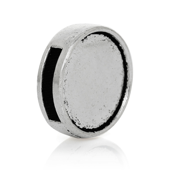 Picture of Zinc Based Alloy Slide Beads Flat Round Antique Silver Color Cabochon Settings (Fits 15mm Dia.) About 17mm Dia, Hole:Approx 11.1mm x 2.2mm (Fits 11mm x 2mm Cord), 30 PCs
