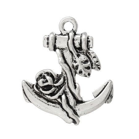 Bild von Zinklegierung Charm Anhänger Anker Blumen Antik Silber 3.8cm x 3.2cm, 10 Stücke