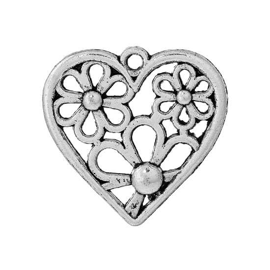 Picture of Zinc Based Alloy Charms Heart Antique Silver Flower 29mm x 28.5mm, 290 PCs