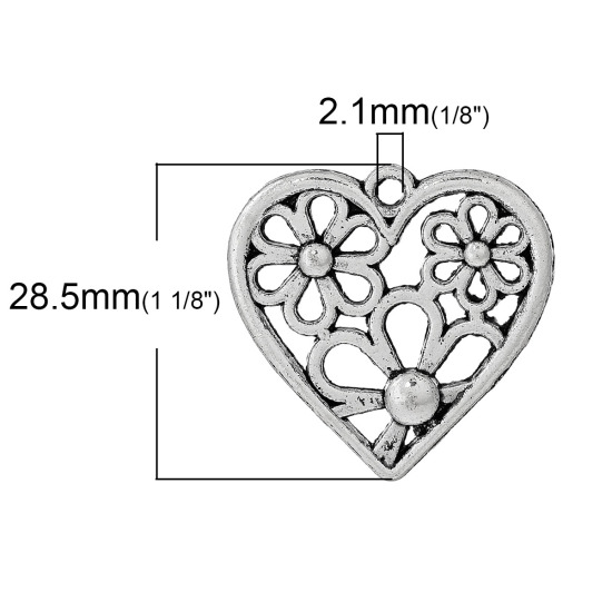 Immagine di Lega di Zinco Charm Ciondoli Cuore Argento Antico Fiore Disegno 29mm x 28.5mm, 30 Pz