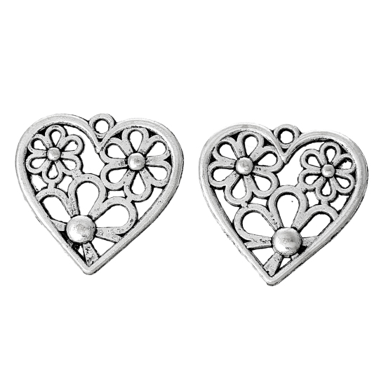Immagine di Lega di Zinco Charm Ciondoli Cuore Argento Antico Fiore Disegno 29mm x 28.5mm, 30 Pz