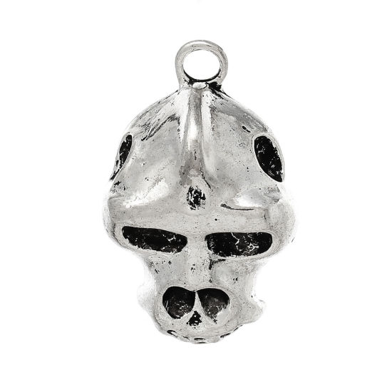 Picture of Zinc Metal Alloy Pendants Skull Halloween Antique Silver Color 4.1cm x 2.6cm(1 5/8" x 1"), 5 PCs
