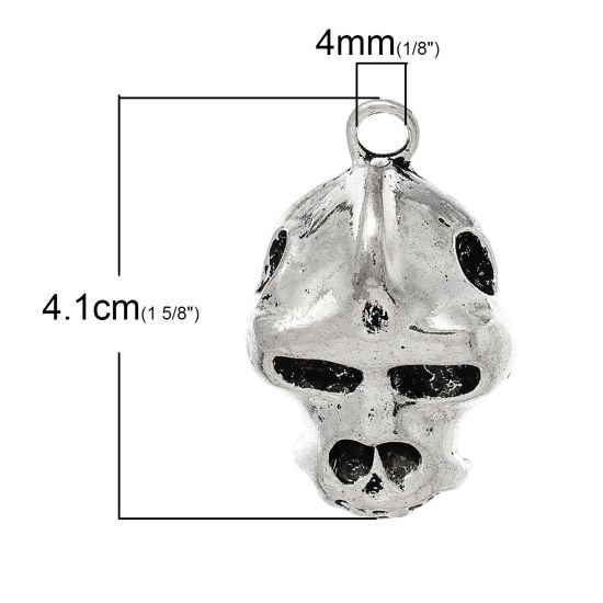 Picture of Zinc Metal Alloy Pendants Skull Halloween Antique Silver Color 4.1cm x 2.6cm(1 5/8" x 1"), 5 PCs