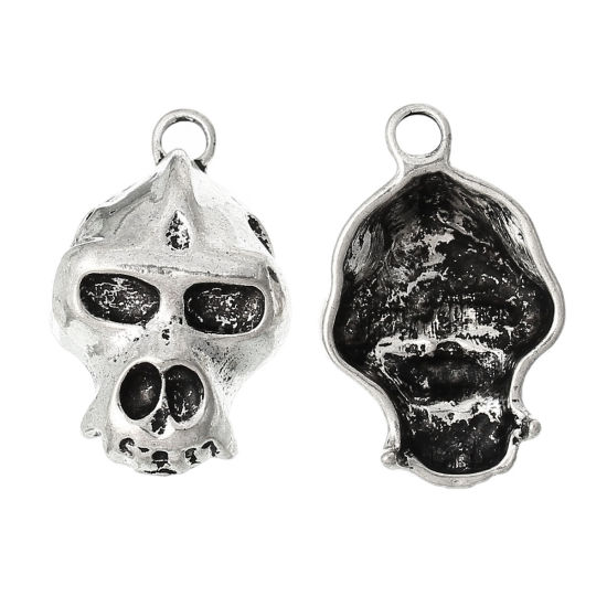 Picture of Zinc Metal Alloy Pendants Skull Halloween Antique Silver Color 4.1cm x 2.6cm(1 5/8" x 1"), 5 PCs