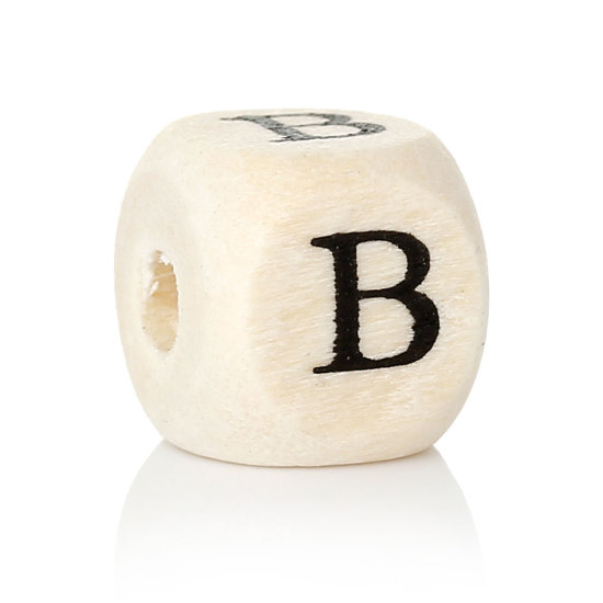 Picture of Wood Spacer Beads Cube Natural Alphabet/ Letter "B" 10mm x 10mm, Hole: Approx: 4mm, 300 PCs