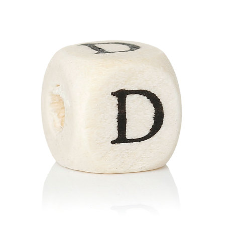 Picture of Wood Spacer Beads Cube Natural Alphabet/ Letter "D" 10mm x 10mm, Hole: Approx:4mm, 30 PCs