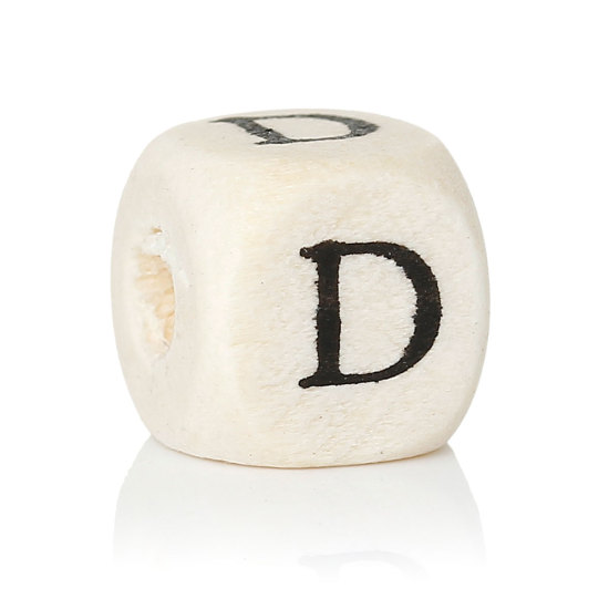 Picture of Wood Spacer Beads Cube Natural Alphabet/ Letter "D" 10mm x 10mm, Hole: Approx:4mm, 300 PCs