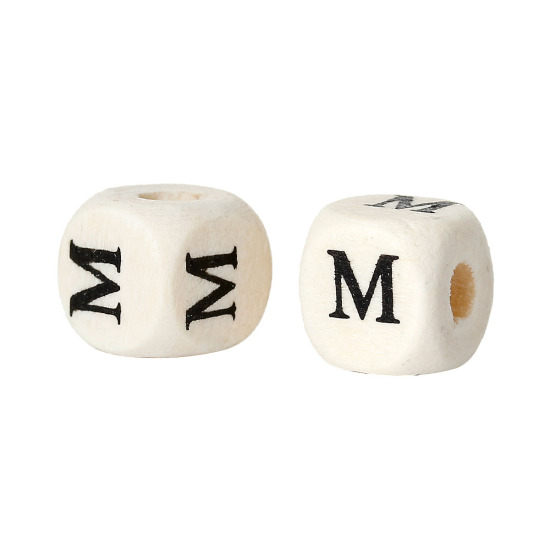 Immagine di 30 Pz Legno Naturale Separatori Perline per la Creazione di Gioielli con Fai-da-te Cubo Naturale Lettera Maiuscola Disegno Lettere " M " 10mm x 10mm, Foro: Circa 4mm