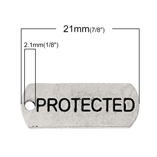 Picture of Zinc Metal Alloy Charm Pendants Rectangle Antique Silver Color Message " Protected " Carved 21mm( 7/8") x 8mm( 3/8"), 30 PCs