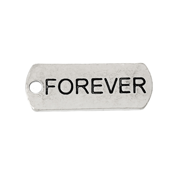 Picture of Zinc Metal Alloy Charm Pendants Rectangle Antique Silver Color Message " Forever " Carved 21mm x 8mm( 7/8" x 3/8"), 30 PCs