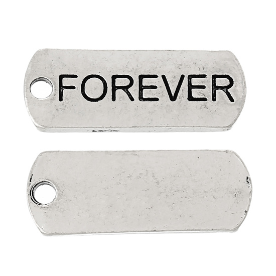 Picture of Zinc Metal Alloy Charm Pendants Rectangle Antique Silver Color Message " Forever " Carved 21mm x 8mm( 7/8" x 3/8"), 30 PCs