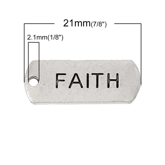 Picture of Zinc Metal Alloy Charm Pendants Rectangle Antique Silver Color Message " FAITH " Carved 21mm( 7/8") x 8mm( 3/8"), 30 PCs