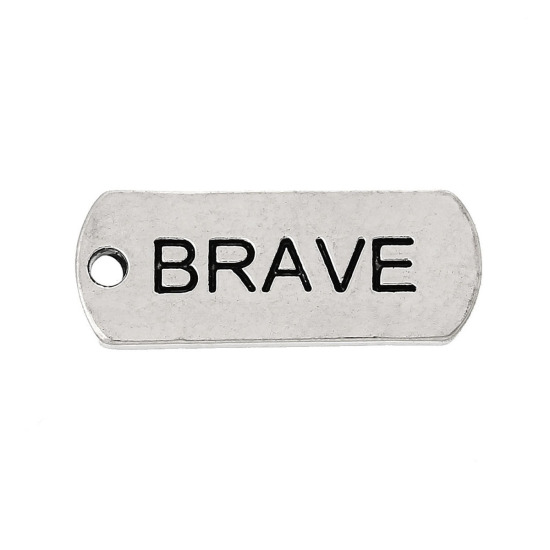Picture of Zinc Metal Alloy Charm Pendants Rectangle Antique Silver Color Message " Brave " Carved 21mm( 7/8") x 8mm( 3/8"), 30 PCs