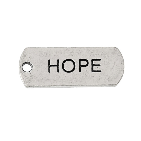 Picture of Zinc Metal Alloy Charm Pendants Rectangle Antique Silver Color Message " Hope " Carved 21mm( 7/8") x 8mm( 3/8"), 30 PCs