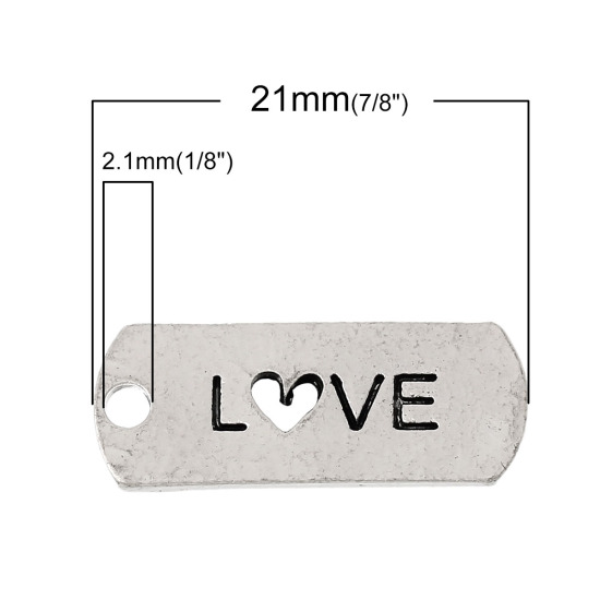 Picture of Zinc Metal Alloy Charm Pendants Rectangle Antique Silver Color Message " Love " Carved 21mm( 7/8") x 8mm( 3/8"), 30 PCs