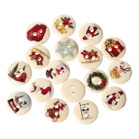 Natural Wood Sewing Buttons Scrapbooking 2 Holes Round At Random Mixed Christmas Pattern 15mm( 5/8") Dia, 200 PCs