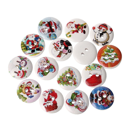 Picture of Natural Wood Sewing Buttons Scrapbooking 2 Holes Round At Random Mixed Christmas Santa Claus Pattern 15mm( 5/8") Dia, 200 PCs